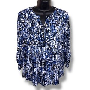 Medium Notations Blue White Print Blouse Stretch Henley Neckline Opaque